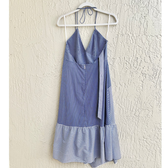 Tibi Sleeveless Collage Striped Halter Midi Dress Asymmetrical Blue Women's Sz 6 - Picture 4 of 9
